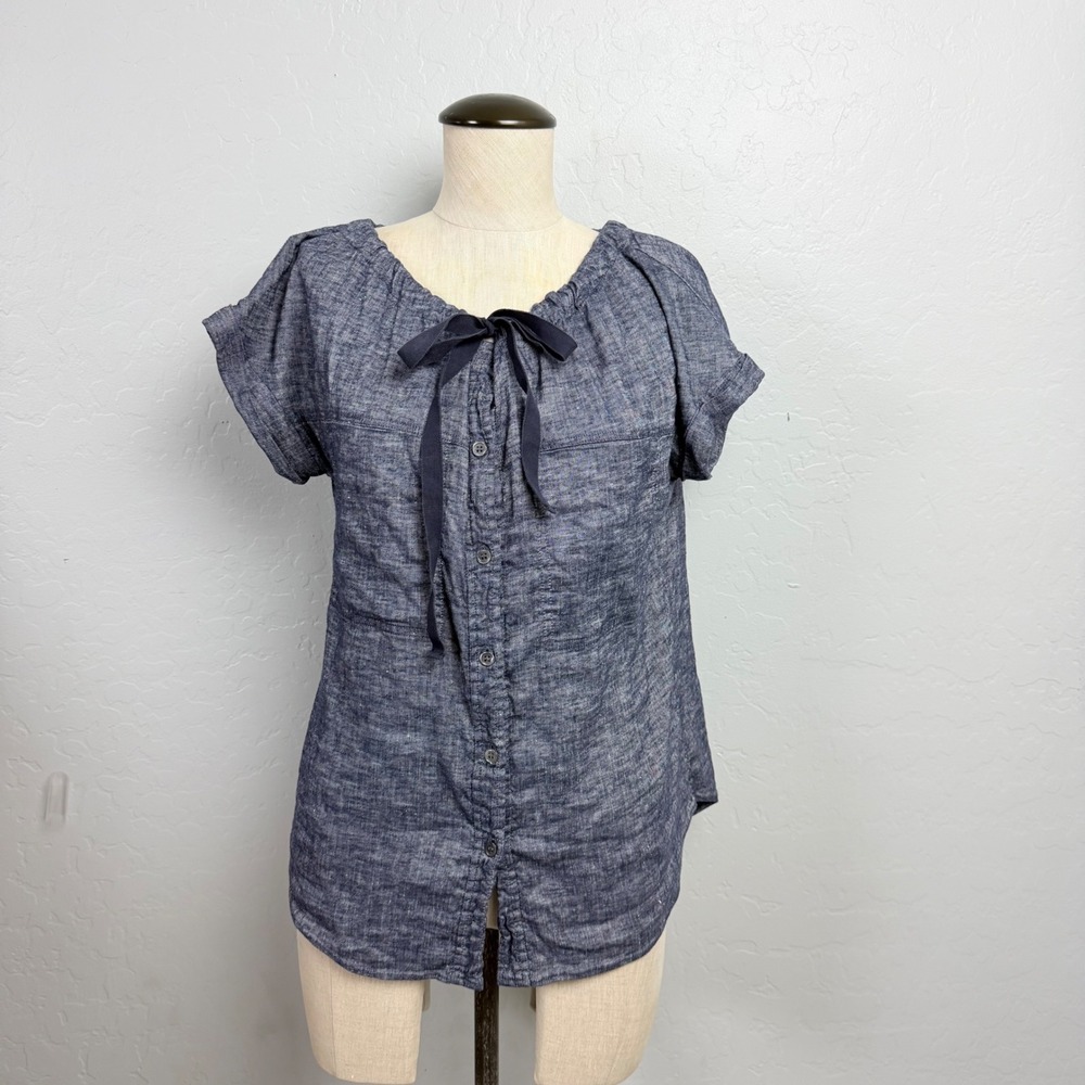 Theory Womens Small Blue Linen Blend Tie Neck Short Sleeve Button Down Top
